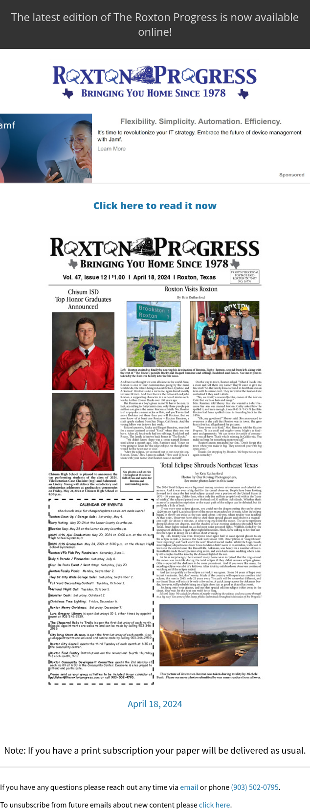 Roxton Progress Newspaper Sponsorships Paved