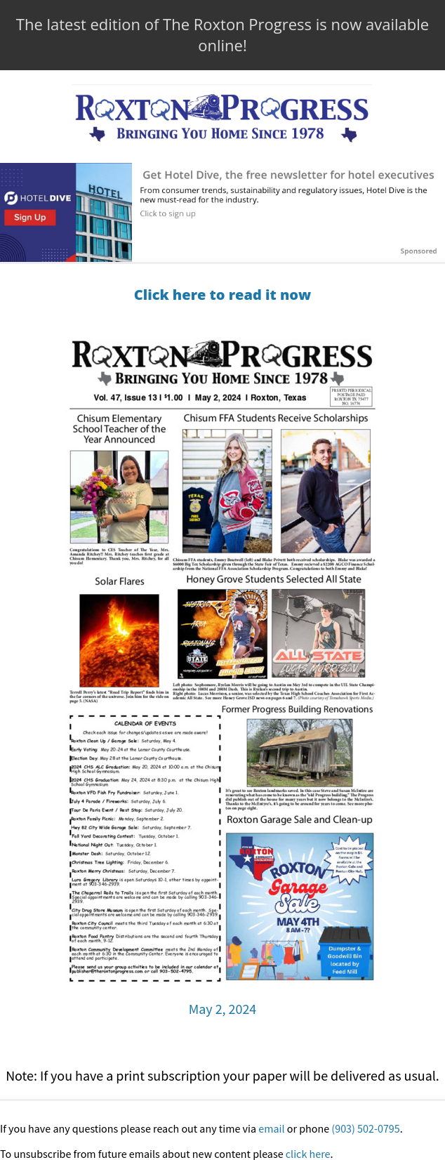 Roxton Progress Newspaper Sponsorships Paved